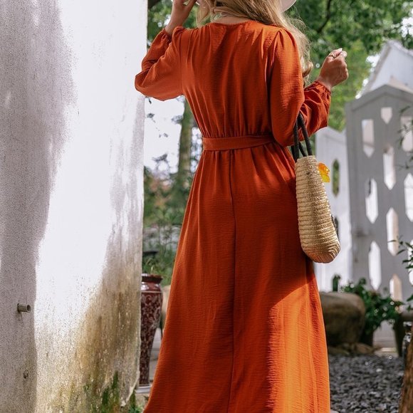 Burnt Orange Boho Womens Ruffle Trim Wrap Belted Dress - Picture 2 of 5